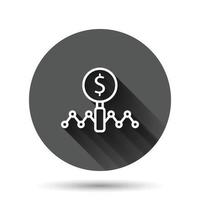 loupe avec icône d'argent dans un style plat. illustration vectorielle de recherche dollar sur fond rond noir avec effet d'ombre portée. concept d'entreprise de bouton de cercle de monnaie financière. vecteur
