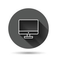 icône de moniteur d'ordinateur. illustration vectorielle sur fond rond noir avec effet d'ombre portée. pictogramme de bouton de cercle de moniteur de télévision de concept d'entreprise. vecteur