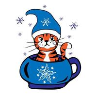 tigre de dessin animé mignon avec chapeau est assis dans une tasse de café vecteur
