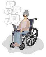 grand-mère fait des achats en ligne sur un ordinateur portable alors qu'elle est assise dans un fauteuil roulant vecteur