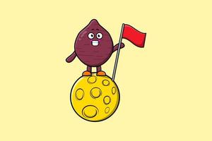 dessin animé patate douce debout sur la lune avec drapeau vecteur