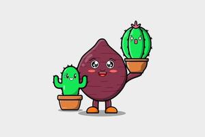 dessin animé mignon patate douce tenir cactus en pot vecteur