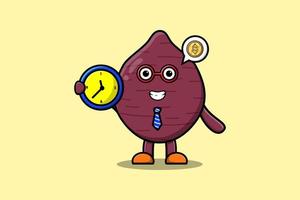 personnage de dessin animé mignon patate douce tenant une horloge vecteur