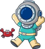 le joyeux plongeur joue joyeusement avec un joli crabe vecteur