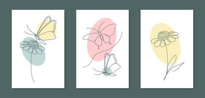 ensemble d'affiches avec des fleurs et des papillons dans un style d'art en ligne. illustration abstraite minimaliste d'une seule ligne. bon pour la décoration intérieure, les cartes de vœux, les invitations ou les publications sur les réseaux sociaux. vecteur