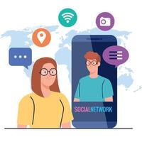 réseau social, couple connecté numériquement, communication et concept global vecteur