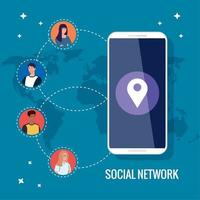 réseau social, smartphone et personnes connectées pour un concept numérique, interactif, de communication et global vecteur