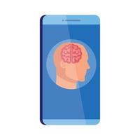 assistance en ligne pour la santé mentale sur smartphone, silhouette de profil humain avec cerveau, sur fond blanc vecteur