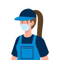 femme travailleuse du service de nettoyage portant un masque médical, sur fond blanc vecteur