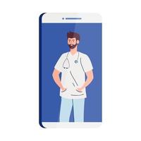 médecine en ligne avec médecin homme sur smartphone vecteur