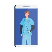 médecine en ligne avec médecin homme sur smartphone vecteur