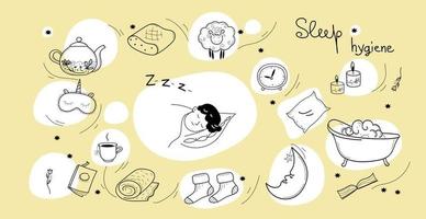 ensemble d'hygiène du sommeil, illustration de croquis dessinés à la main de doodle vectoriel