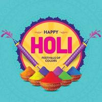 illustration vectorielle de happy holi coloré. couleurs dans différents bols et pichkari vecteur