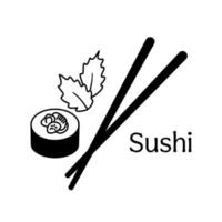 rouleau de sushi japonais et baguettes. illustration de contour de doodle de vecteur isolé sur fond blanc