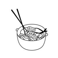 cuisine japonaise traditionnelle. nouilles, crevettes et baguettes. illustration de griffonnage simple. croquis de contour de cuisine asiatique isolé sur blanc vecteur