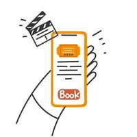 réservation de billets de cinéma en ligne doodle dessinés à la main sur téléphone mobile vecteur