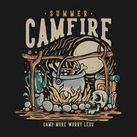 conception de t-shirt camp de feu de camp d'été plus de soucis moins avec la cuisine du crâne sur le feu de camp vecteur