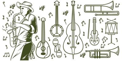 jeu d'icônes de doodle jazz musique dessinés à la main isolé sur fond blanc. vecteur