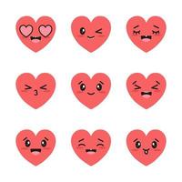 ensemble de coeurs rouges avec des émotions positives kawaii. icônes de coeurs isolés sur fond blanc. illustration vectorielle. vecteur
