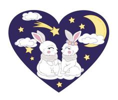 saint valentin en forme de coeur avec l'image de deux lapins sur le fond de la lune et le ciel étoilé vecteur
