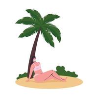 dessin animé fille avec bikini et masque médical à la conception de vecteur de plage