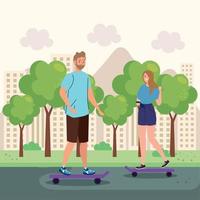 couple en skateboard, effectuant des activités de plein air vecteur