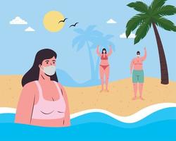 dessin animé de fille avec bikini et masque médical à la mer et les gens à la conception de vecteur de plage