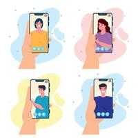 mains tenant un appel vidéo sur smartphone à l'écran avec des jeunes, concept de médias sociaux vecteur