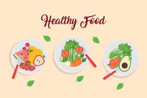 bannière avec fruits et légumes dans les plats, concept d'aliments sains vecteur