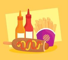 affiche de restauration rapide, chien de maïs avec pommes de terre frites et sauces en bouteille vecteur