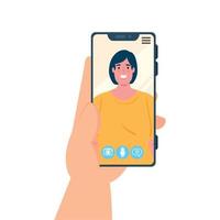 main tenant un appel vidéo sur smartphone à l'écran avec une jeune femme, concept de médias sociaux vecteur