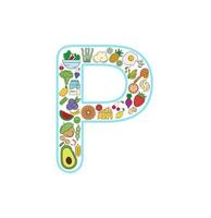 jeu d'icônes de collage de nourriture et de boisson de la lettre p. ensemble vectoriel d'allergènes essentiels et d'icônes de ligne de régime. jeu d'icônes de nourriture modifiable.