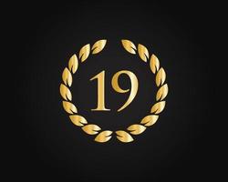 Logo du 19e anniversaire avec anneau doré isolé sur fond noir, pour l'anniversaire, l'anniversaire et la célébration de l'entreprise vecteur