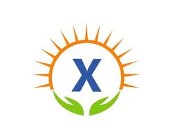 logo de charité avec le concept de main, de soleil et de lettre x. charité logo modèle don organisation logotype vecteur