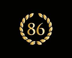 Logo anniversaire 86 ans avec anneau doré isolé sur fond noir, pour anniversaire, anniversaire et fête d'entreprise vecteur