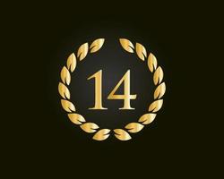Logo du 14e anniversaire avec anneau doré isolé sur fond noir, pour l'anniversaire, l'anniversaire et la célébration de l'entreprise vecteur