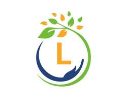 lettre l logo caritatif avec main, feuille et concept. logotype de fondation pour le soin des mains vecteur