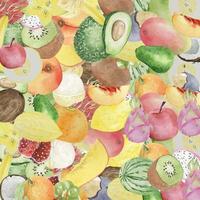 fond aquarelle avec divers fruits sur fond blanc, vue de dessus, mise en page plate. concept d'alimentation saine, arrière-plan alimentaire. cadre de fruits