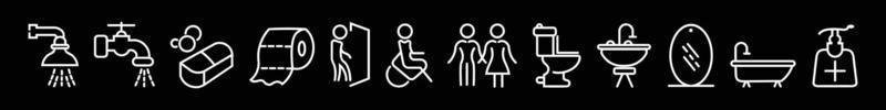 ensemble d'icônes de contour de salle de bain, symboles de ligne de toilette logo vectoriel forme de toilette sur fond noir