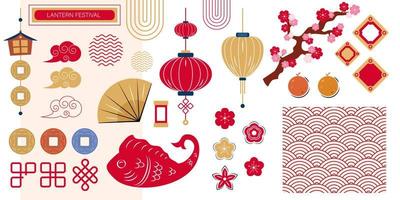 groupe d'éléments décoratifs asiatiques pour les vacances, nouvel an chinois, fête des lanternes, objets, lanternes, pièces de monnaie, fleurs, formes et lignes décoratives. vecteur