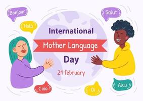 fond de la journée internationale de la langue maternelle. des personnes de nationalités différentes se saluent. vecteur