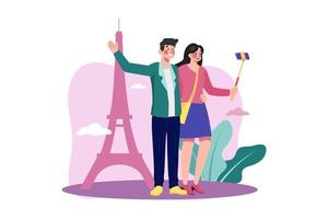 couple de touristes prenant un selfie vecteur