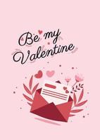 jolie carte de saint valentin avec l'inscription be my valentine avec une lettre d'amour aux couleurs rose et rouge. vecteur