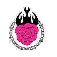 tatouage rose flamboyant dans le style y2k, années 1990, années 2000. conception d'élément emo goth avec maillon de chaîne de coeur. tatouage de la vieille école. illustration plate simple de vecteur