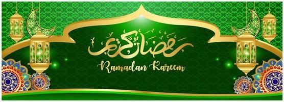 ramadan kareem concept bannière 3d cadre doré fenêtre arabe sur beau fond beau modèle arabe illustration vectorielle suspendus croissant de lune doré et étoiles coupées en papier aux nuages pour le texte vecteur