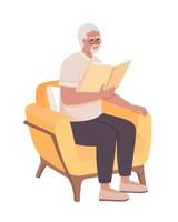 homme senior avec livre assis dans un fauteuil personnage de vecteur de couleur semi-plat. figure modifiable. personne de tout le corps sur blanc. illustration de style dessin animé simple pour la conception graphique et l'animation web