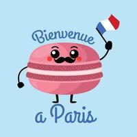 bienvenue à paris, illustration de dessin animé de macarons mignons, conception d'illustration vectorielle plane isolée sur fond. conception de carte de voeux vecteur