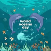 journée mondiale des océans 8 juin. sauver notre océan. les dauphins et les poissons nageaient sous l'eau avec une belle illustration vectorielle de fond de corail et d'algues. vecteur