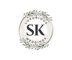 modèle de logos de monogramme de mariage lettre initiales sk, modèles minimalistes et floraux modernes dessinés à la main pour cartes d'invitation, réservez la date, identité élégante. vecteur