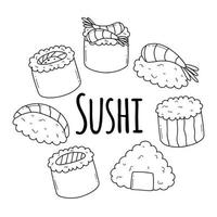 sushi mignon dans un style doodle. illustration vectorielle. nourriture asiatique. sushi saumon, onigiri et sushi crevettes. personnages de sushis. vecteur